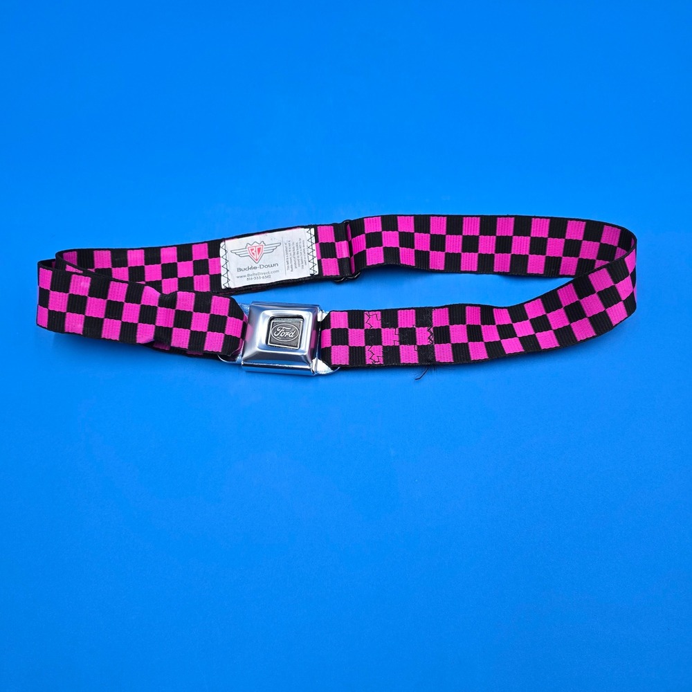Buckle-Down Pink & Black Checkerboard Ford Seatbelt Belt Adjustable Y2K Emo